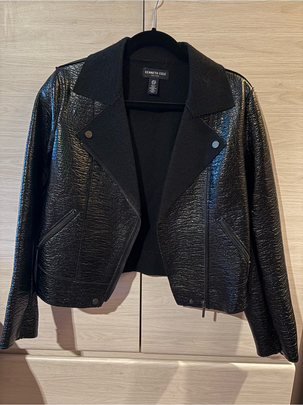 Kenneth Cole New York Black Textured Faux Leather Moto Jacket